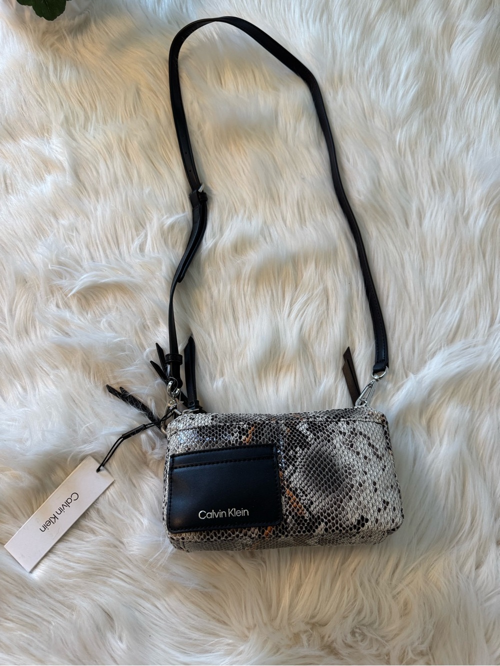 Calvin Klein Snake-Print Crossbody in Black and Beige